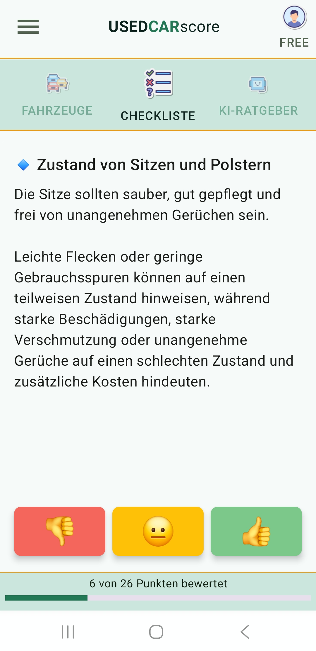 UsedCarScore App-Bildschirm mit einem Punkt der geführten Checkliste zur Bewertung eines Gebrauchtfahrzeugs