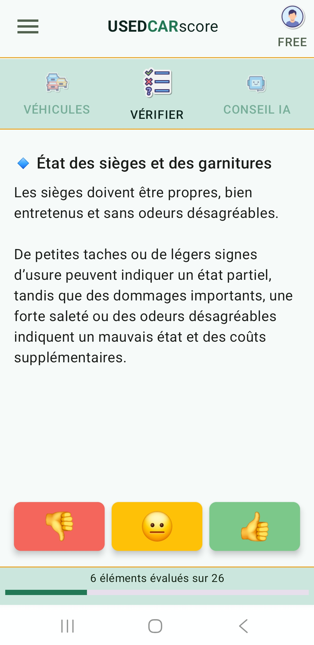 Écran de l’application UsedCarScore avec un élément de checklist guidée pour l’évaluation d’un véhicule d’occasion