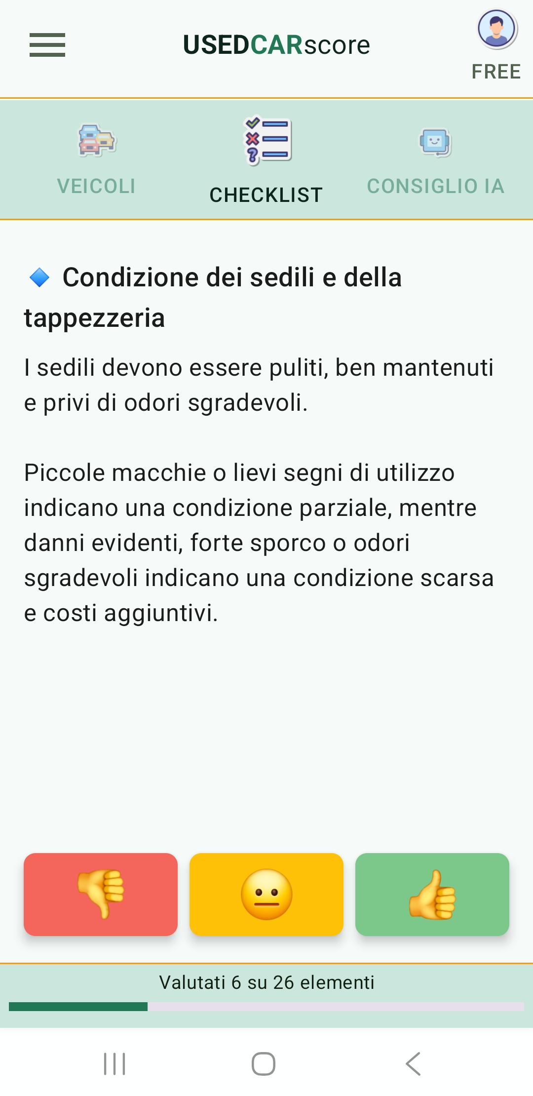Schermata dell’app UsedCarScore con un elemento della checklist guidata per la valutazione di un veicolo usato