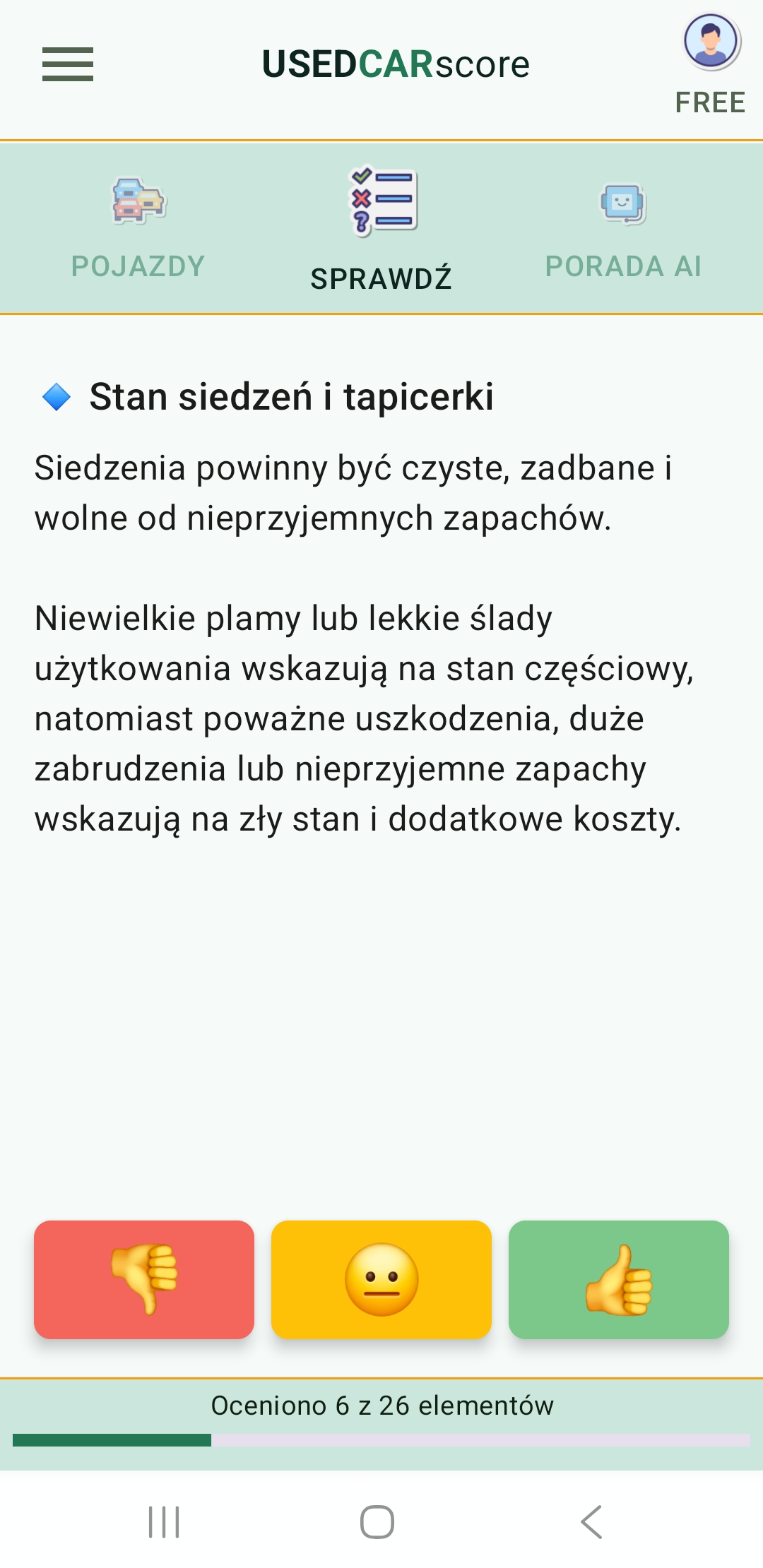 Ekran aplikacji UsedCarScore z jednym elementem prowadzonej checklisty do oceny pojazdu używanego