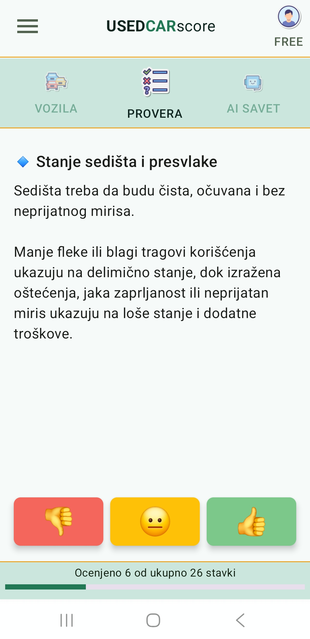 Ekran UsedCarScore aplikacije sa jednom stavkom vođene checklist-e za procenu vozila