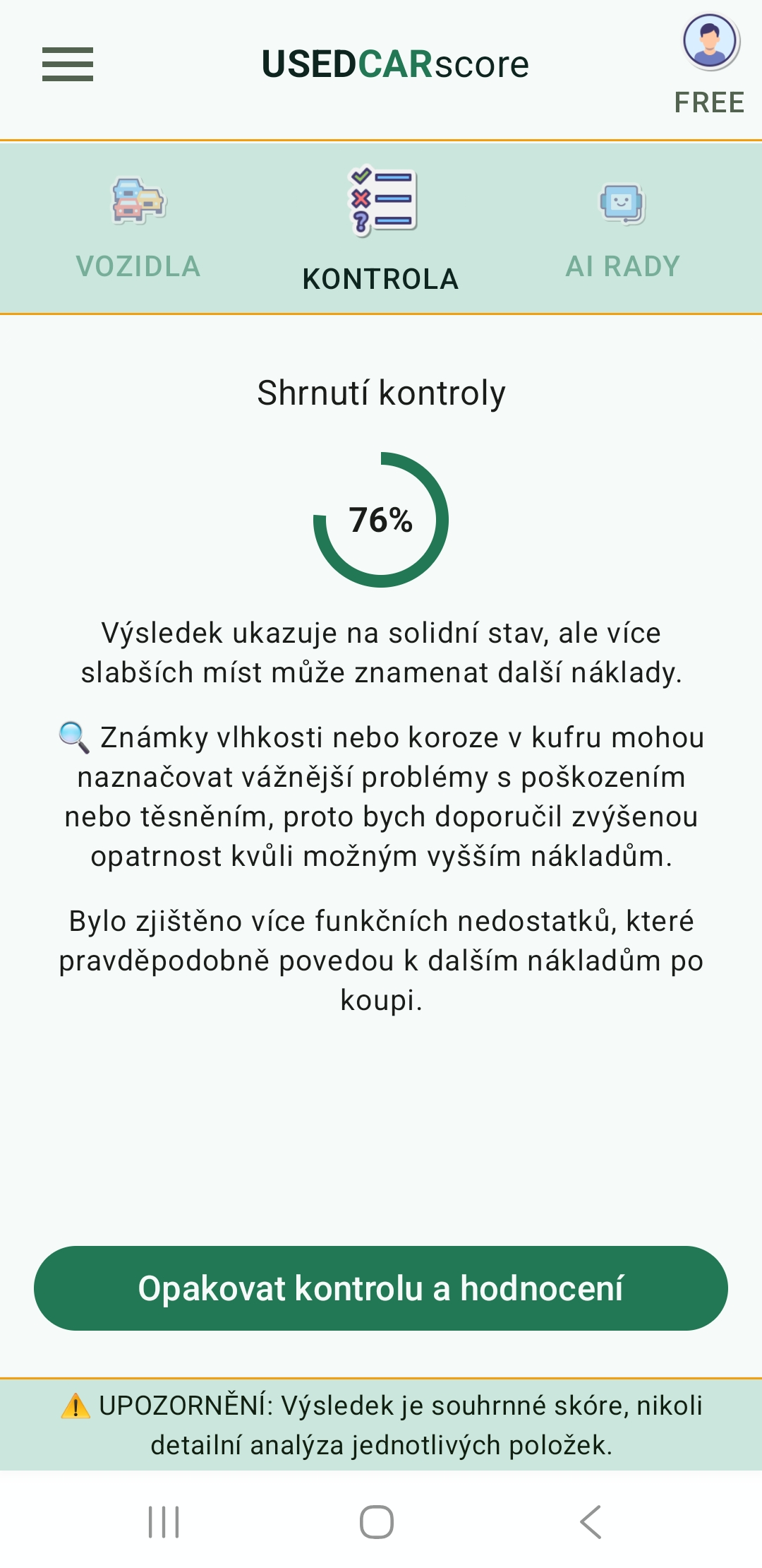 Obrazovka aplikace UsedCarScore se souhrnem checklistu a informativním výsledkem