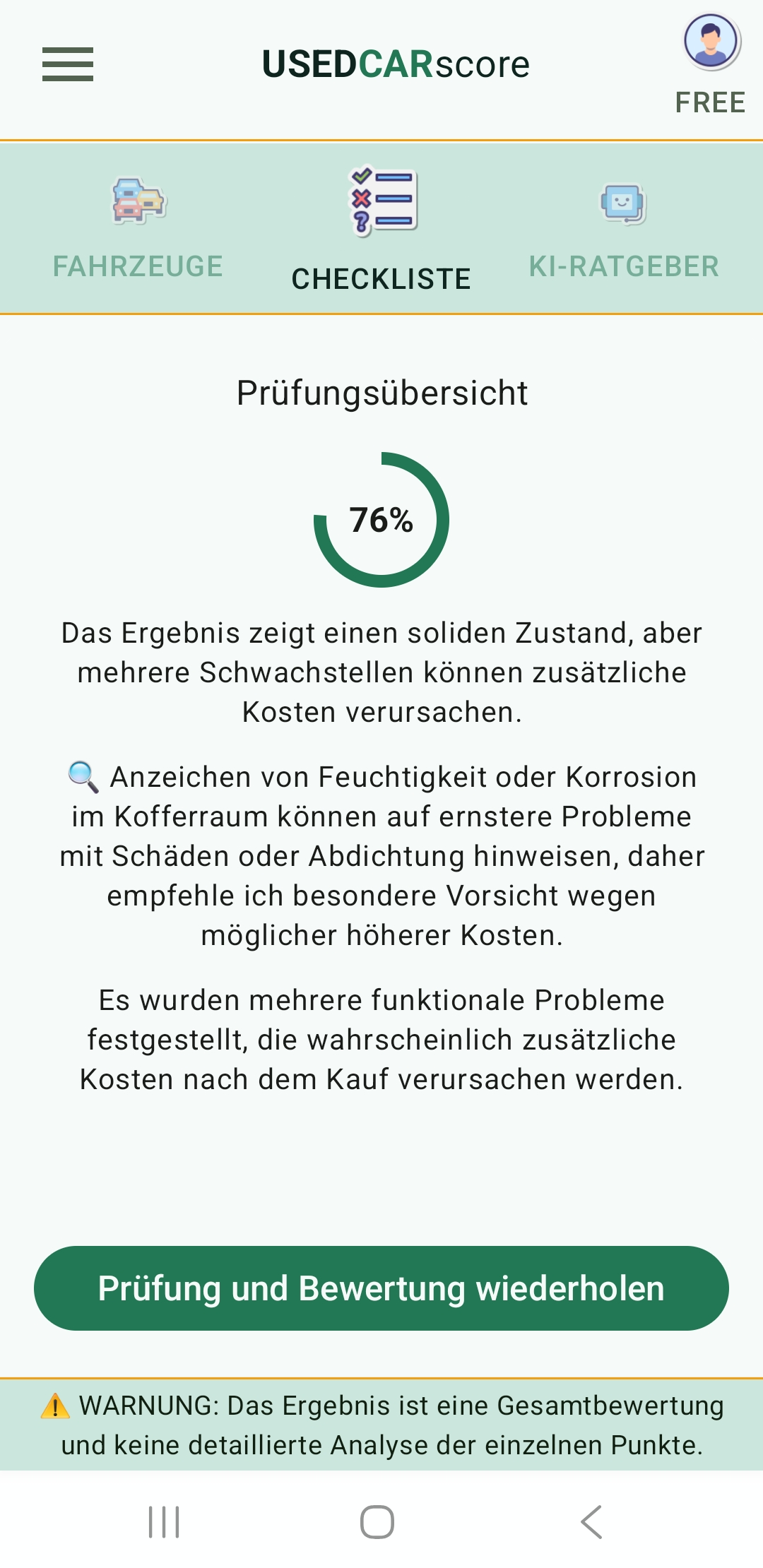 UsedCarScore App-Bildschirm mit Zusammenfassung der Checkliste und informativem Ergebnis