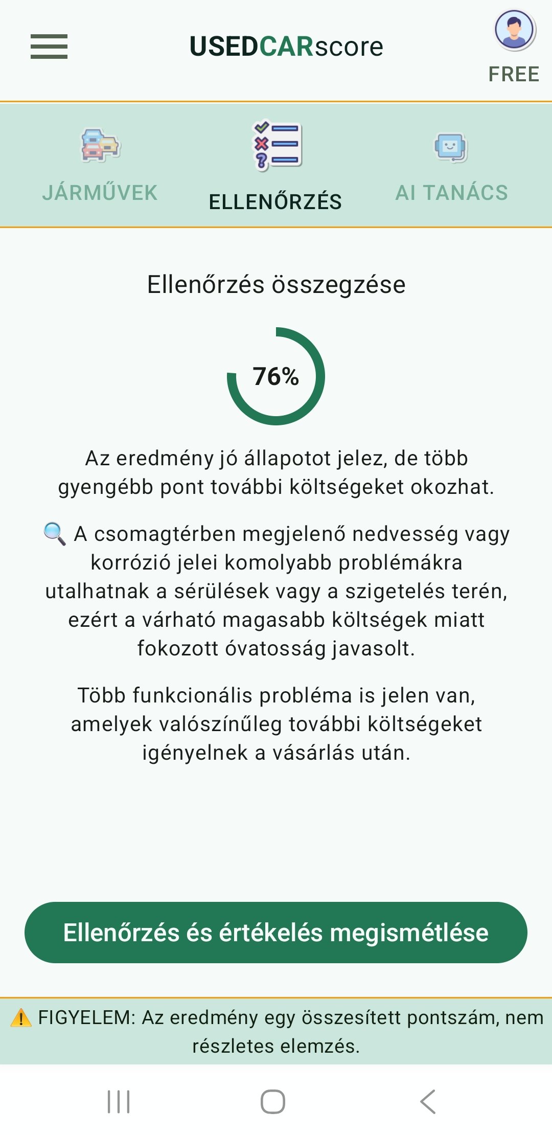 A UsedCarScore alkalmazás képernyője checklist-összegzéssel és információs eredménnyel