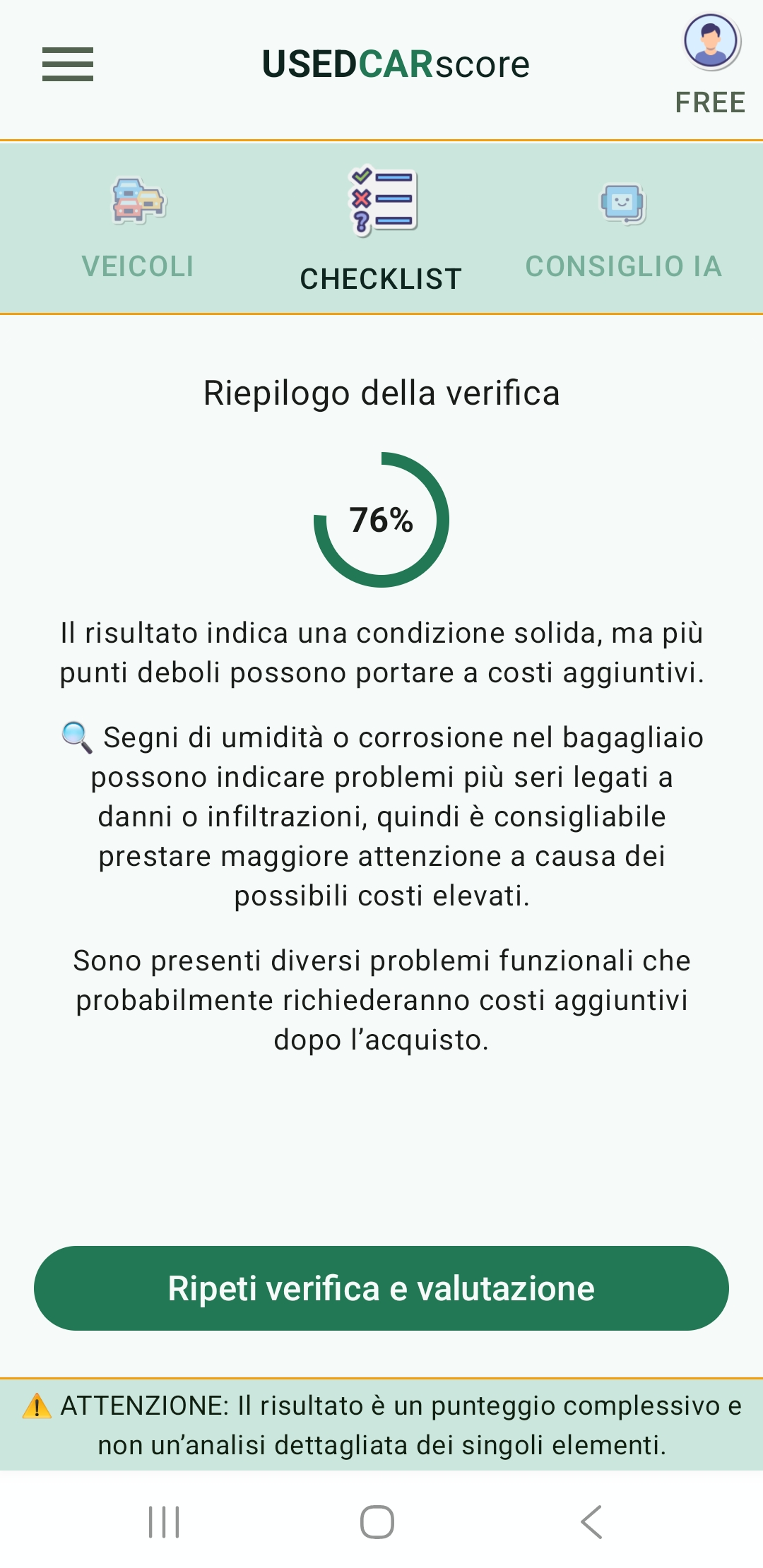 Schermata dell’app UsedCarScore con riepilogo della checklist e risultato informativo