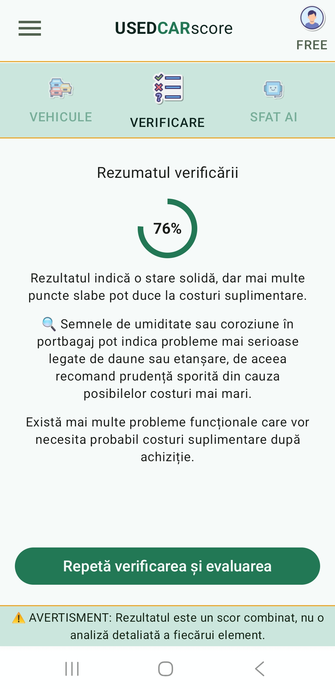 Ecran al aplicației UsedCarScore cu rezumatul checklistei și un rezultat informativ