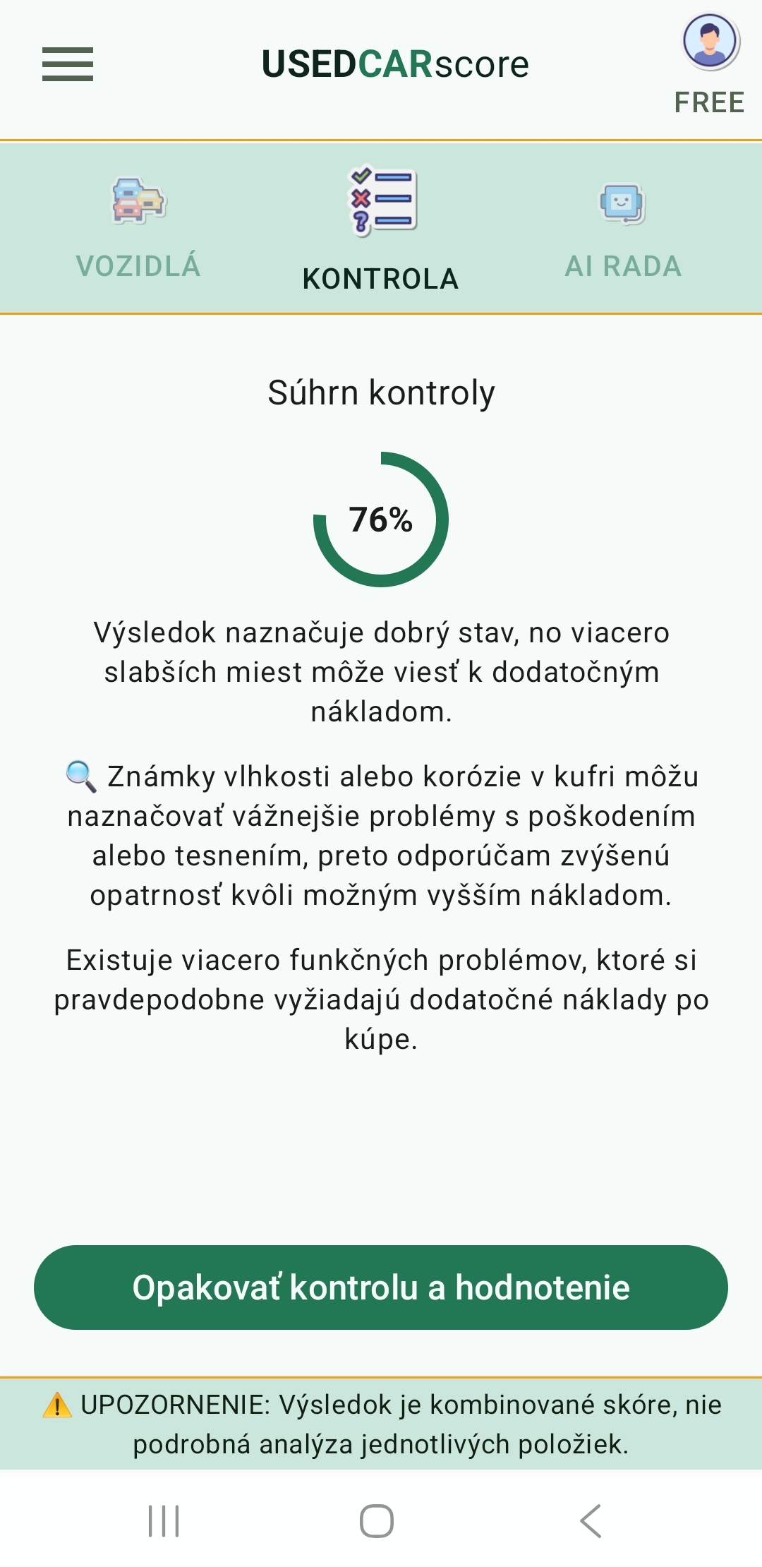 Obrazovka aplikácie UsedCarScore so súhrnom checklisty a informatívnym výsledkom