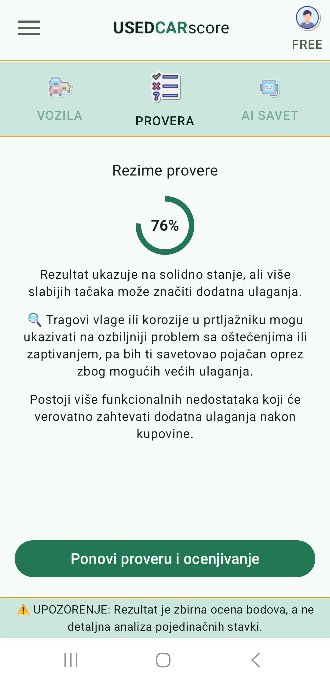 Ekran UsedCarScore aplikacije sa rezimeom provere i informativnim Score rezultatom