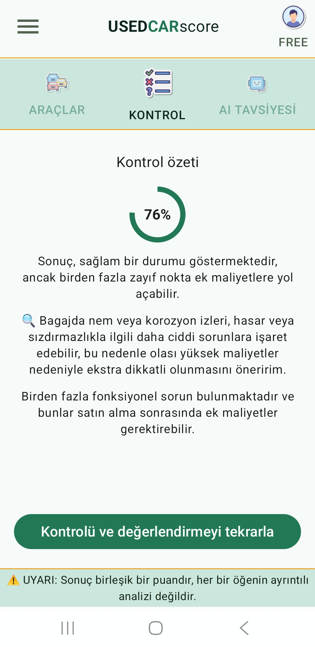 Checklist özeti ve bilgilendirici sonuç gösteren UsedCarScore uygulama ekranı