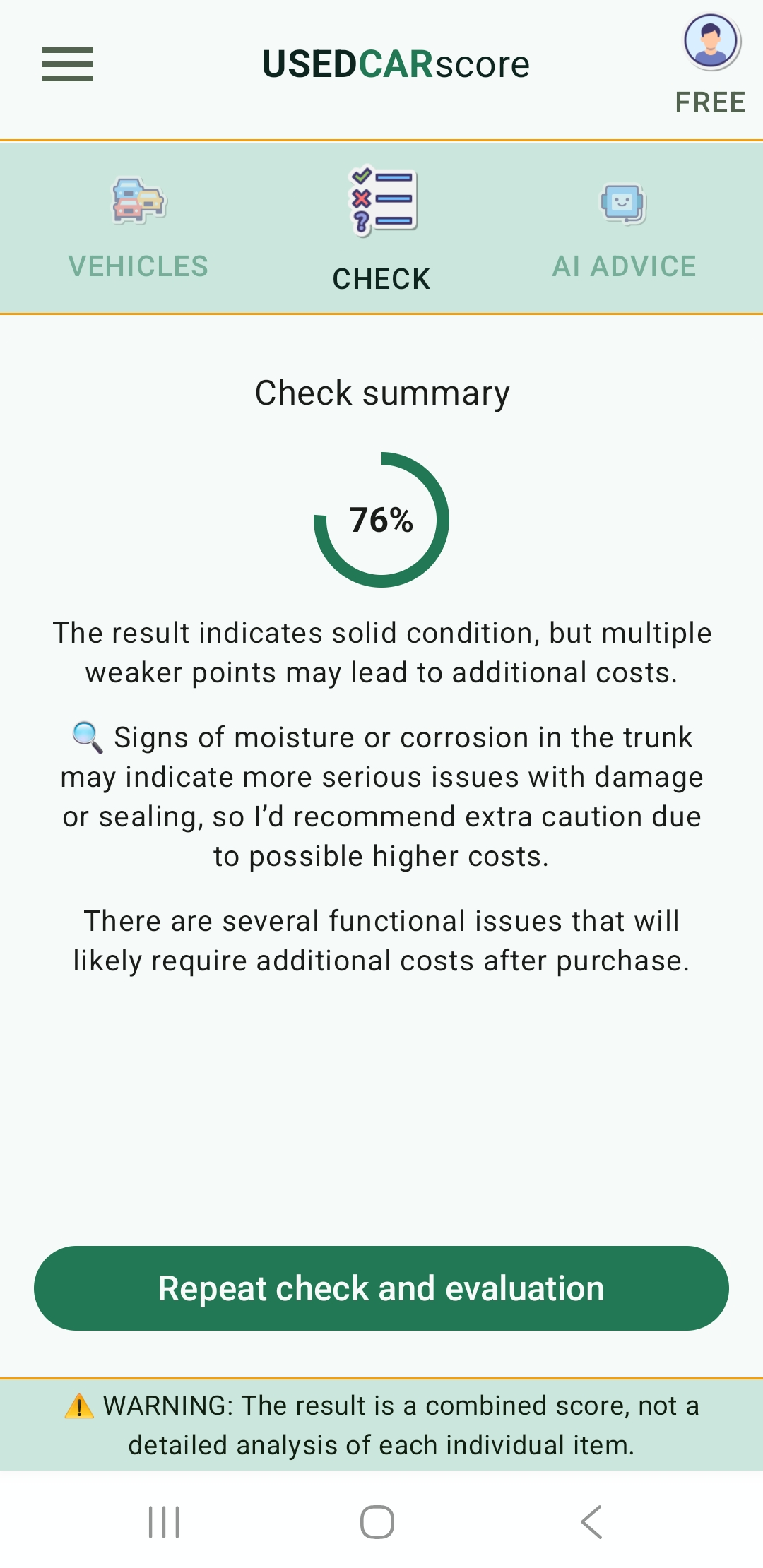 UsedCarScore app screen showing a checklist summary and informational score