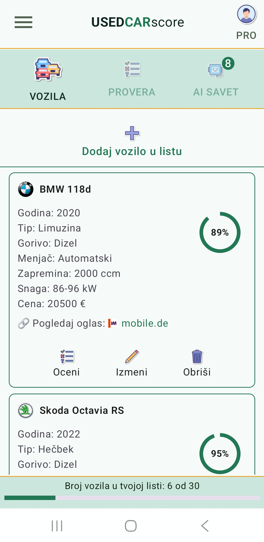 Ekran UsedCarScore aplikacije sa listom sačuvanih vozila za PRO korisnike