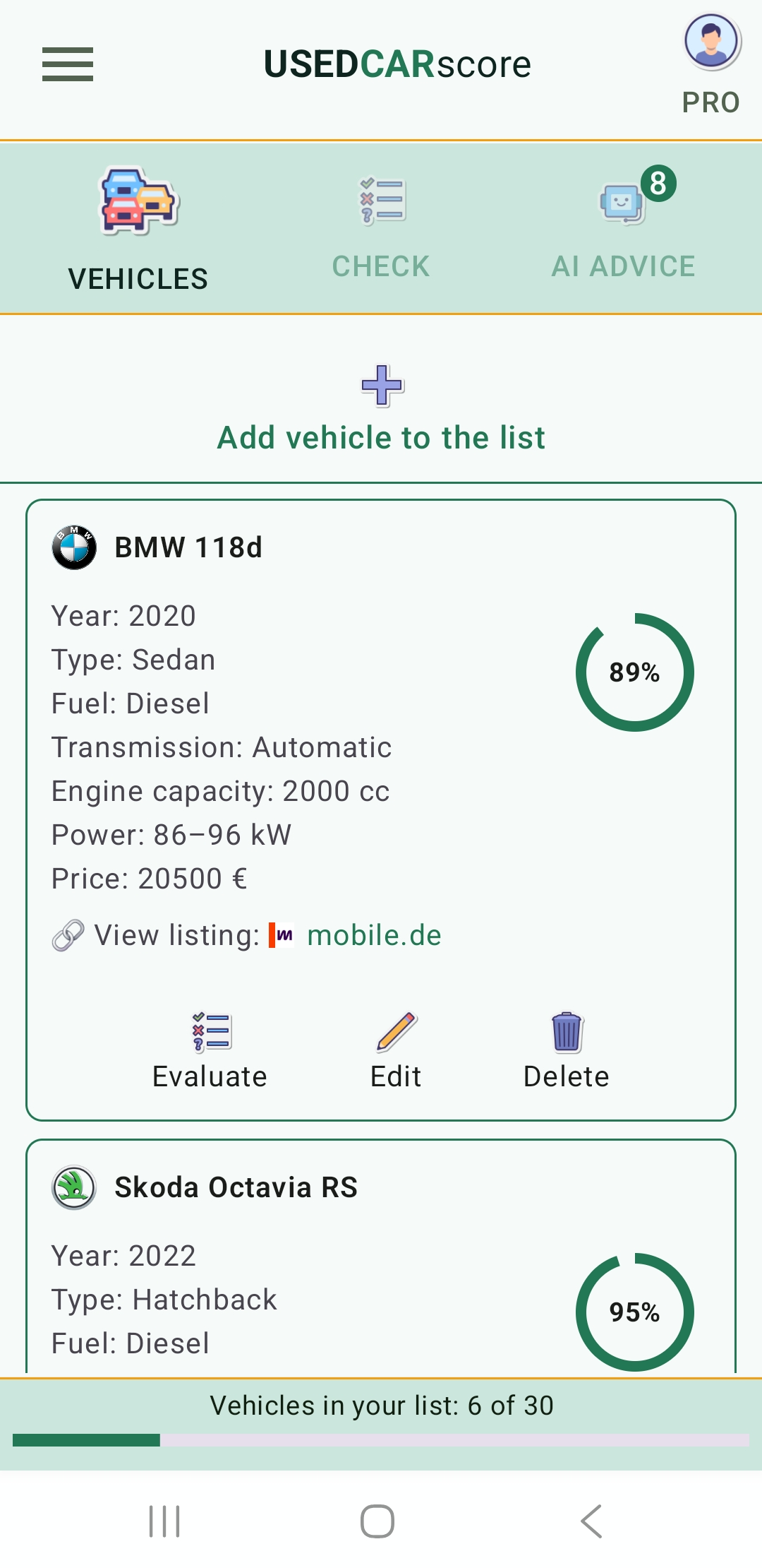 UsedCarScore app screen showing a saved vehicle list for PRO users